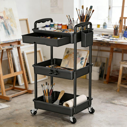 Yeabett 3 Tier Rolling Storage Carts with Removable Drawers, Lockable Wheels, Hooks & Cup Holders – Easy Assembly Storage Organizer for Kitchen, Bathroom, Office, Craft Room, Makeup, Black