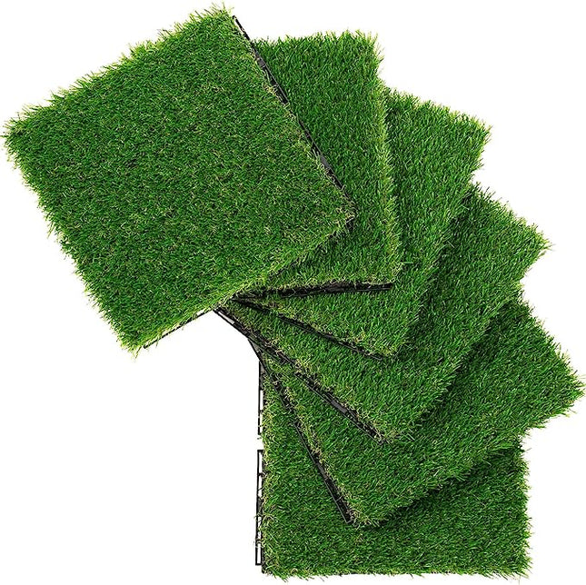 VANCASTLE Artificial Grass Turf Tiles Interlocking Set 6 Pieces, Fake Grass Tiles Self-draining for Pet Indoor/Outdoor Flooring Decor, 12"x12".