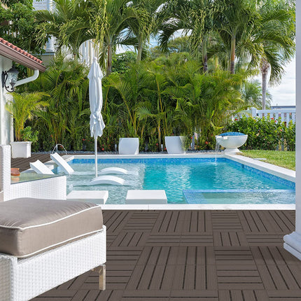 Goovilla Plastic Interlocking Deck Tiles, 9 Pack Patio Deck Tiles, 12"x12" Waterproof Outdoor Flooring All Weather Use, Patio Floor Decking Tiles for Porch Poolside Balcony Backyard, Dark Coffee.