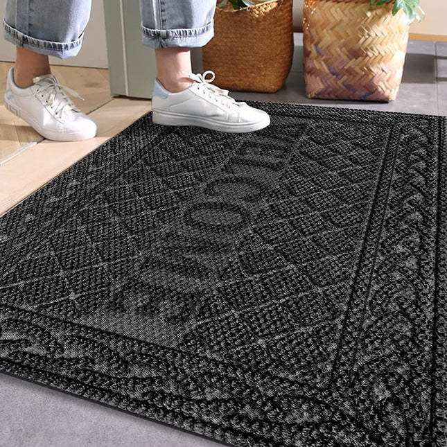 Mibao Welcome Front Door Mat, Outdoor Mats for Patio Waterproof Quick Dry, Doormat Indoor Outdoor Entrance, Heavy Duty Easy Clean Non Slip Rubber Mats, 24X36 Inches, Black.