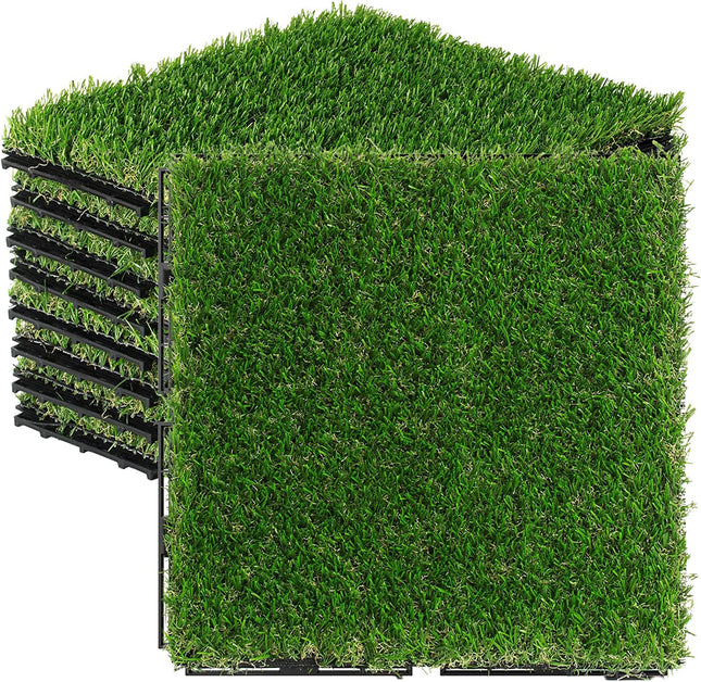 VANCASTLE Artificial Grass Turf Tiles Interlocking Set 9 Pieces, Fake Grass Tiles Self-draining for Pet Indoor/Outdoor Flooring Decor, 12"x12".