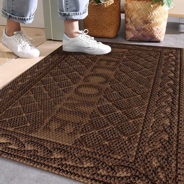 Mibao Durable Front Entrance Door Mat, Heavy Duty Welcome Mats Outdoor Indoor, Non Slip Rubber Backing Floor Rug, Easy Clean Shoe Scraper, Waterproof, Porch Mat, 18x30 Inch, Brown.