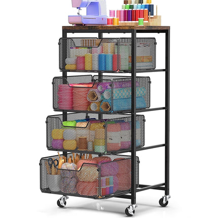 Yeabett 5-Tier Rolling Utility Cart with Mesh Baskets and Drawer, Kitchen Island Storage & Food Storage, Mobile Metal Organizer for Bathroom, Laundry, or Craft Room