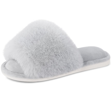 Parlovable Womens Open Toe Slippers Cozy Furry Spa Flat Fluffy Fuzzy Indoor House Shoes Slip on Outdoor Home Slipper