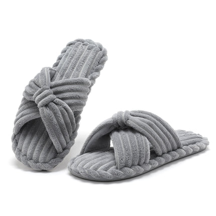 Parlovable Womens Slippers House Memory Foam Corduroy Flats Bow Crossbands Open Toe Slide Bedroom Slipper Comfy Trendy Gift Shoes