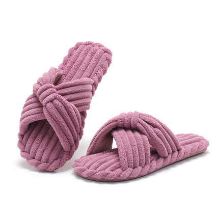 Parlovable Womens Slippers House Memory Foam Corduroy Flats Bow Crossbands Open Toe Slide Bedroom Slipper Comfy Trendy Gift Shoes