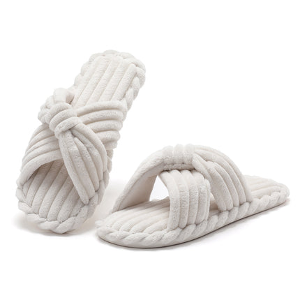 Parlovable Womens Slippers House Memory Foam Corduroy Flats Bow Crossbands Open Toe Slide Bedroom Slipper Comfy Trendy Gift Shoes