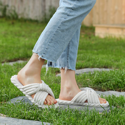 Parlovable Womens Slippers House Memory Foam Corduroy Flats Bow Crossbands Open Toe Slide Bedroom Slipper Comfy Trendy Gift Shoes