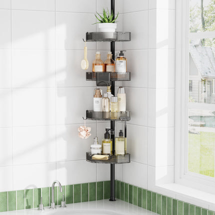 Yeabett Shower Caddy with Tension Pole,4-Tier Adjustable L-Shaped Corner Shower Organizer,Stainless Steel Pole,Includes Towel Bar and Hooks,Space Saving for Bathroom Bathtub Storage,34-125 Inch