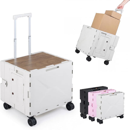 Folding Utility Cart,Portable Rolling Crate Handcart Collapsible Tool Box with Lid & Basket,4 Swivel Wheels, for Grocery,Office,Luggage,Teacher