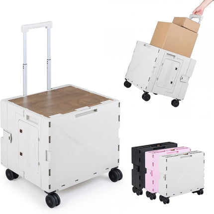 Folding Utility Cart,Portable Rolling Crate Handcart Collapsible Tool Box with Lid & Basket,4 Swivel Wheels, for Grocery,Office,Luggage,Teacher