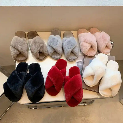 Yeabett Cross Strap TPR sole Winter Fluffy Fuzzy Slipper