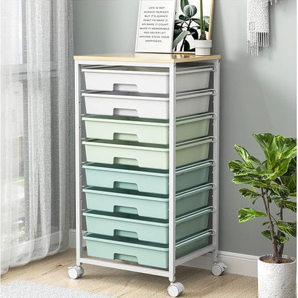 Rolling Storage Cart , Heavy Duty Metal Utility Cart on Lockable Wheels with Wooden Top, Plastic Drawer Organizer Trolley for Office Living Room Classroom Craft Organization
