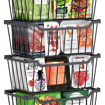 WELDEN Freezer Organizer Bins, 4 Pack Stackable Chest Freezer Organizer for 5-7 Cu.FT Deep Freezer Sort Frozen Meats and Food, Freezer Storage Baskets with Handles Easy Reach from Bottom, Black