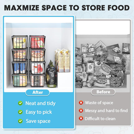 WELDEN Freezer Organizer Bins, 4 Pack Stackable Chest Freezer Organizer for 5-7 Cu.FT Deep Freezer Sort Frozen Meats and Food, Freezer Storage Baskets with Handles Easy Reach from Bottom, Black