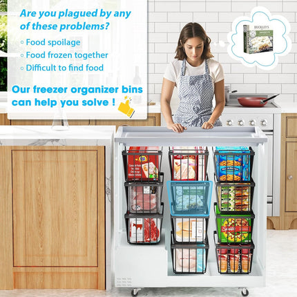 WELDEN Freezer Organizer Bins, 4 Pack Stackable Chest Freezer Organizer for 5-7 Cu.FT Deep Freezer Sort Frozen Meats and Food, Freezer Storage Baskets with Handles Easy Reach from Bottom, Black