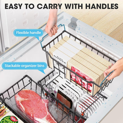 WELDEN Freezer Organizer Bins, 4 Pack Stackable Chest Freezer Organizer for 5-7 Cu.FT Deep Freezer Sort Frozen Meats and Food, Freezer Storage Baskets with Handles Easy Reach from Bottom, Black