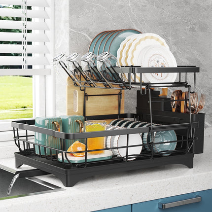 Yeabett 2 Tier Dish Drying Rack Stainless Steel for Kitchen Counter,Dish Racks for Kitchen Counter with Utensil & Cup Holder Kitchen Dishes Organizers