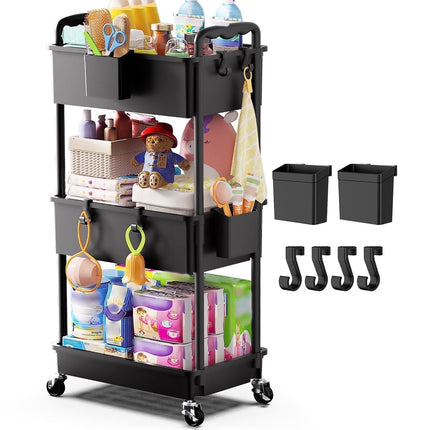 Yeabett 3-Tier Deep Basket Storage Cart with Wheels, Large Capacity Rolling Utility Cart with Lockable Casters