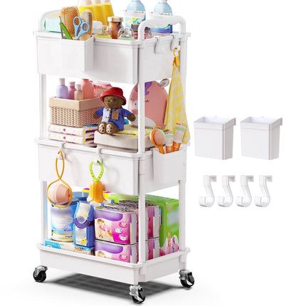 Yeabett 3-Tier Deep Basket Storage Cart with Wheels, Large Capacity Rolling Utility Cart with Lockable Casters