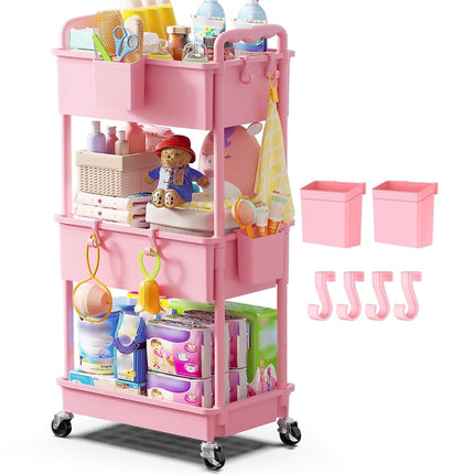 Yeabett 3-Tier Deep Basket Storage Cart with Wheels, Large Capacity Rolling Utility Cart with Lockable Casters