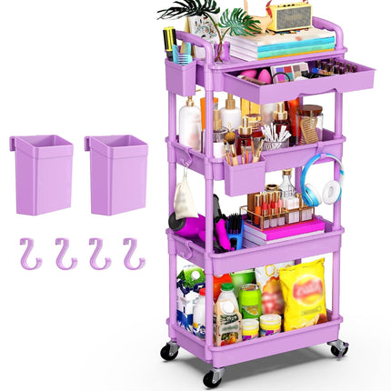 Yeabett 4 Tier Rolling Utility Cart Organizer with Removable Drawer, Mobile Storage Carts with 2 Lockable Wheels for Bathroom, Kitchen, Snack, Craft, Makeup, Baby Essentials