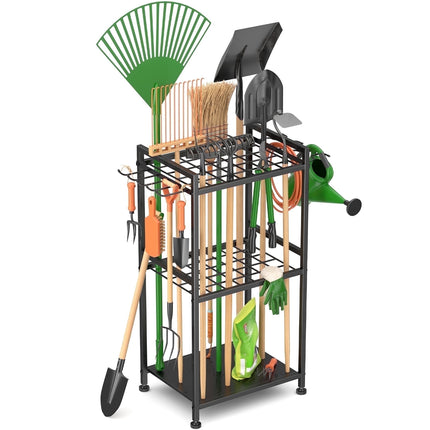 Garden Tool Organizer Rack with Hooks and wheels, Holds Up to 35 Long-Handled Tools, Rakes and Brooms, Metal Steel Stand for Shed or Outdoor Garage Backyard