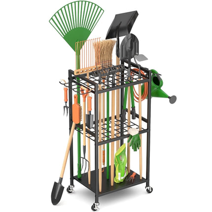 Garden Tool Organizer Rack with Hooks and wheels, Holds Up to 35 Long-Handled Tools, Rakes and Brooms, Metal Steel Stand for Shed or Outdoor Garage Backyard