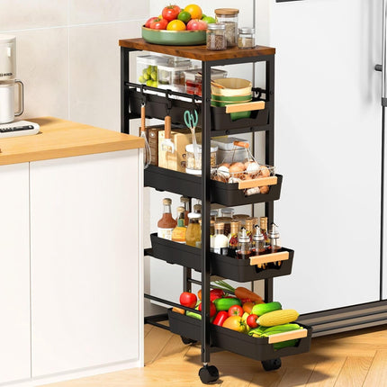 Yeabett Slim Storage Cart with Wheels,Narrow Kitchen Rolling Cart,5-Tier Skinny Rolling Cart with Wooden Top & Lockable Wheels