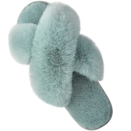 Parlovable Women's Fuzzy Slippers Cross Band Open Toe Furry Spa Flat Fluffy Fuzzy Slip on House Shoes