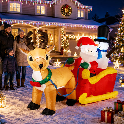 Yeabett 7 ft Christmas Inflatable Santa in Sleigh with Reindeer and Snowman, 4 LED Lights, Outdoor Indoor Yard Lawn Garden Decor