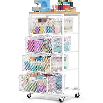 Yeabett 5-Tier Rolling Utility Cart with Mesh Baskets and Drawer, Kitchen Island Storage & Food Storage, Mobile Metal Organizer for Bathroom, Laundry, or Craft Room