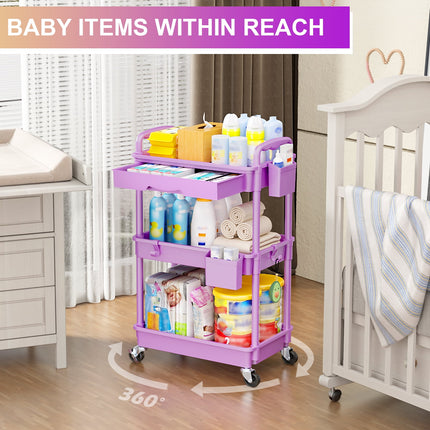 Yeabett 3 Tier Rolling Utility Cart Organizer with Removable Drawer, Mobile Storage Carts with 2 Lockable Wheels for Bathroom, Kitchen, Snack, Craft, Makeup, Baby Essentials